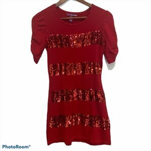 Epic Tread Red short sleeve sweater dress with striped sequins